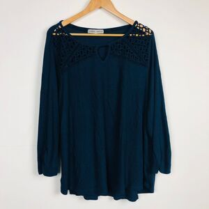 Absolutely Fabulous Women's Knit Long Sleeve Top Lace Detail Solid Blue Shirt 2X